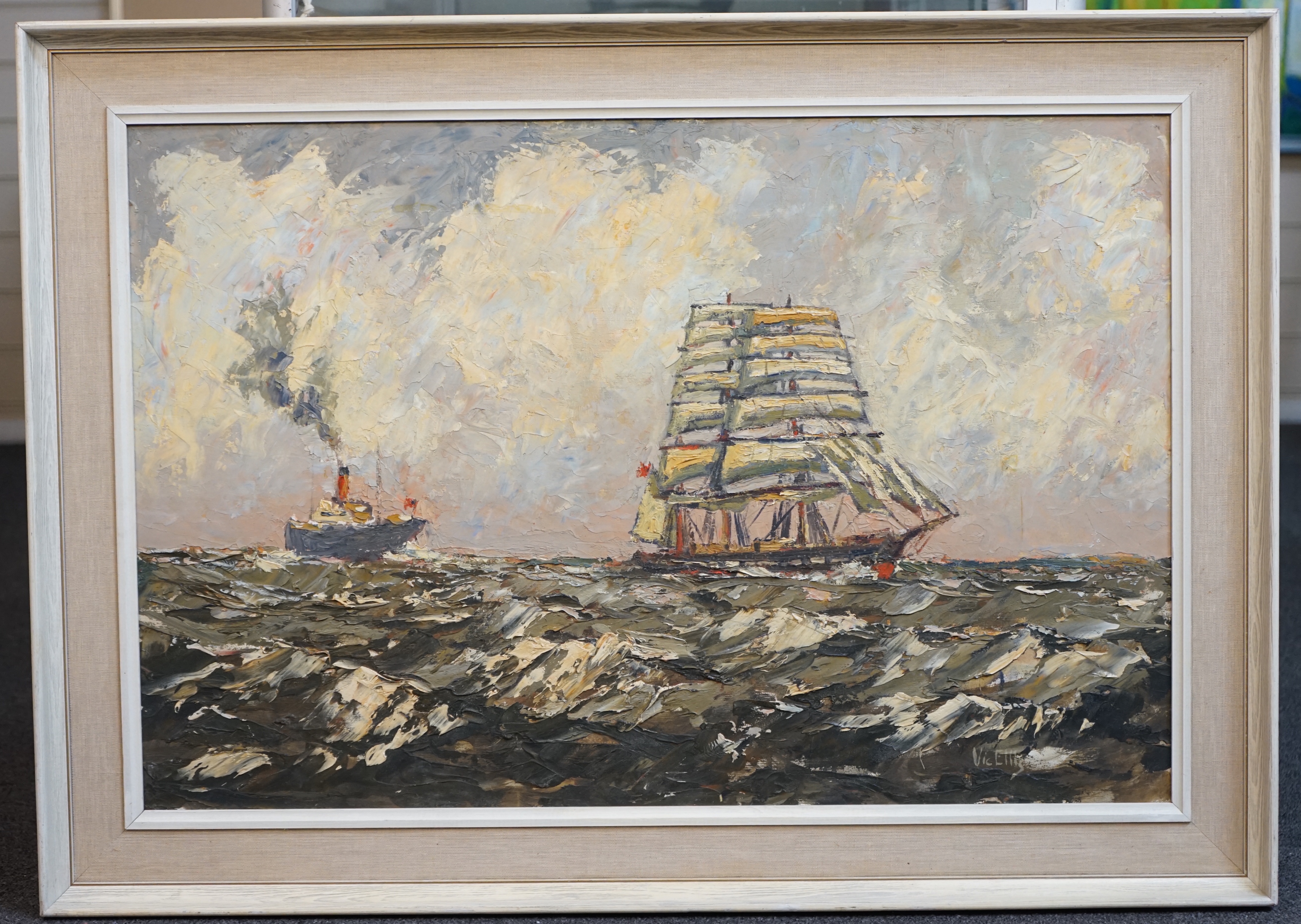 Vic Ellis (1921-1984) (Wapping Group), 'Steam and Sail', oil on board, 50 x 75cm